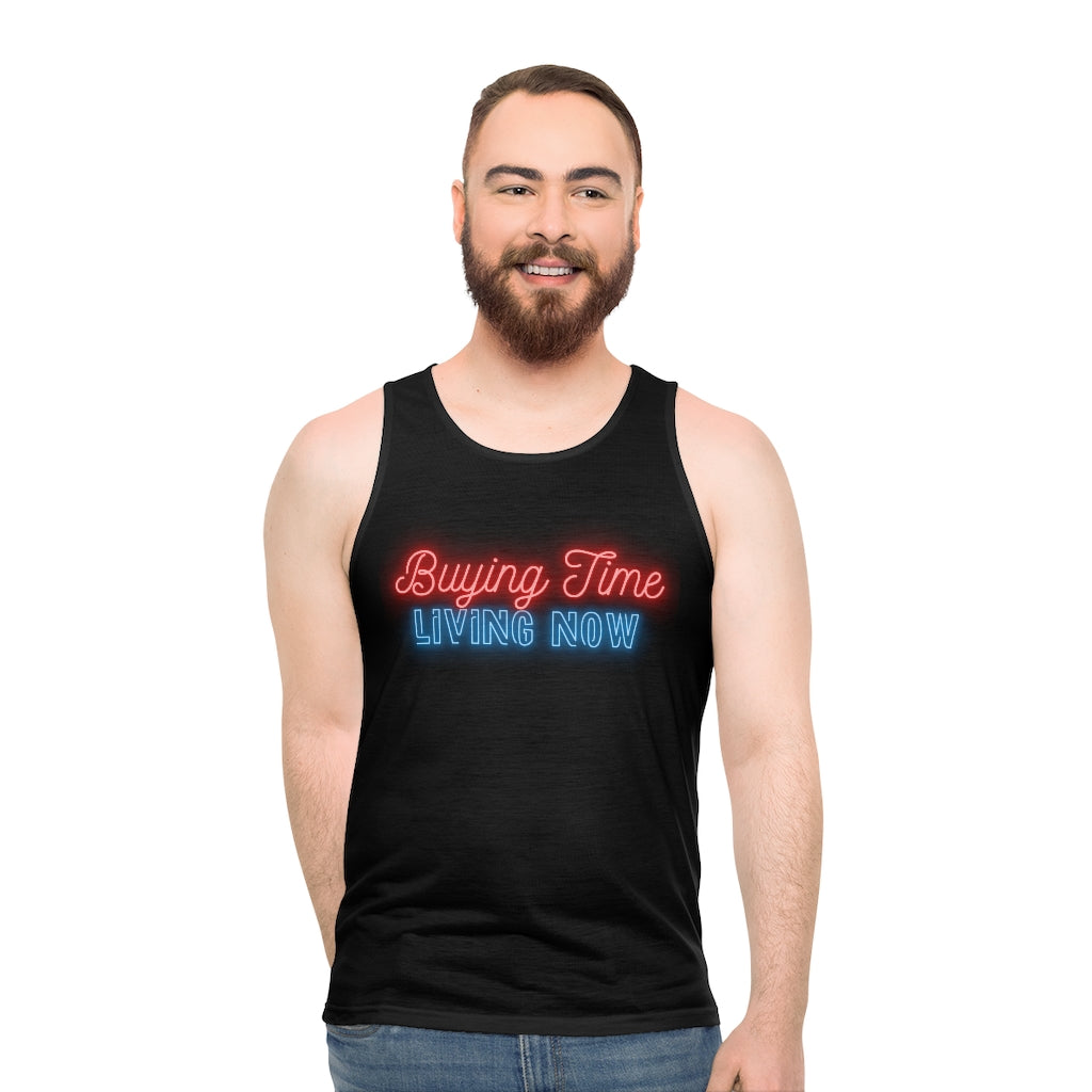 Unisex "Buying Time, Living Now" Tank Top (AOP)